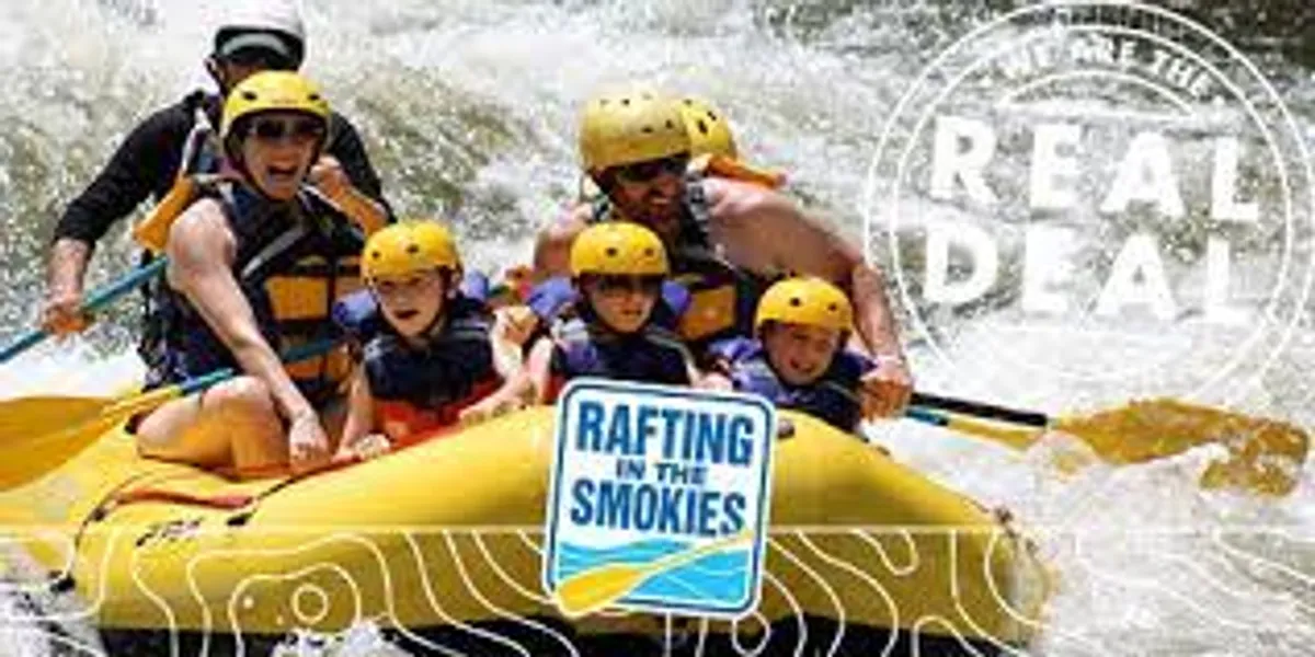 A family clad in life jackets rides together in a bright yellow raft, navigating rushing waters surrounded by nature. The energy, smiles, and action-packed setting convey thrill and togetherness.