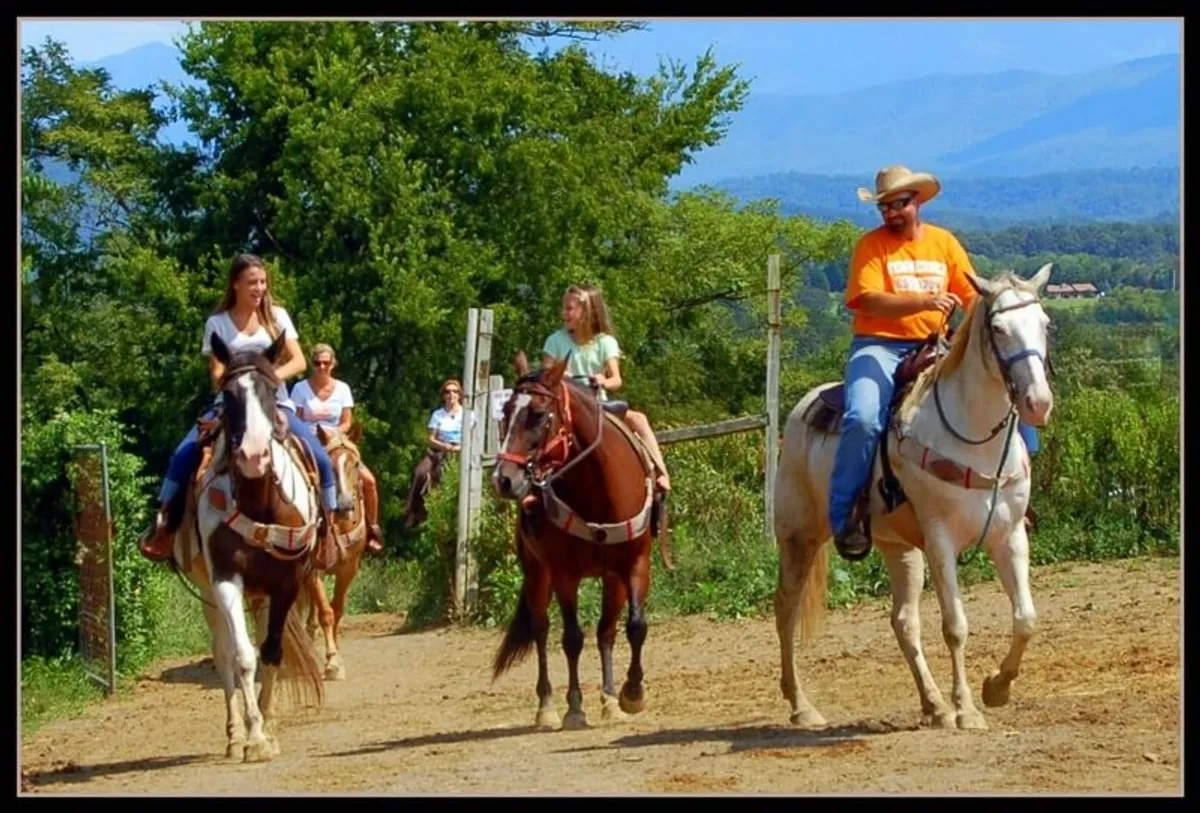 A group of horseback riders traverses a verdant landscape, framed by gentle hills and open skies. The horses and riders are engaged in exploration, connecting with nature and enjoying the outdoors together. The mood is relaxed yet adventurous—perfect for those seeking more than just hiking.